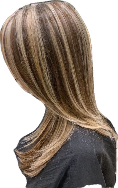 Layered Dark Brown Hair, Highlight Hair Ideas, Flipped Bob, Red And Blonde Highlights, Chunky Highlight, Black Hair With Brown Highlights, Thick Highlights, Indie Hairstyle, Chunky Blonde Highlights