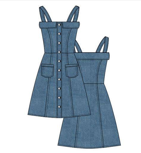 Casual Wear Flat Sketches, Denim Dress Sketch, Denim Dress Drawing, Denim Flat Sketch, Denim Dress Illustration, Denim Drawing Fashion Illustrations, Denim Illustration Sketch, Casual Wear Illustration, Dress Flat Drawing