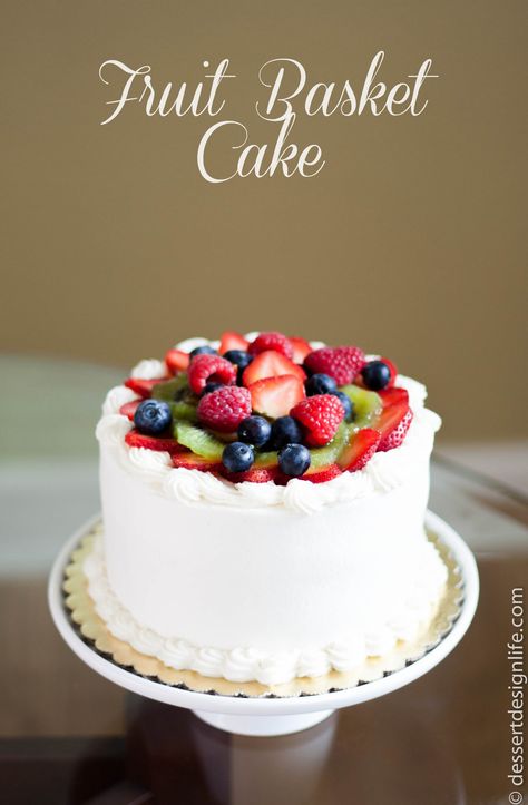 Fruit Basket Cake Recipe | dessertdesignlife.com Fruit Basket Cake Recipe, Fruit Basket Cake, Dessert Design, Basket Cake, Fresh Fruit Cake, Cream Icing, Fruitcake Recipes, Fruit Breakfast, New Fruit