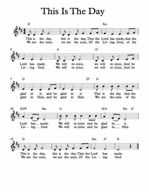 Free Lead Sheet – This Is The Day – Michael Kravchuk Children's Church Songs, Bible Songs For Kids, Sunday School Songs, Gospel Song Lyrics, Christian Hymns, Hymn Sheet Music, Hymn Music, Church Songs, Hymns Lyrics