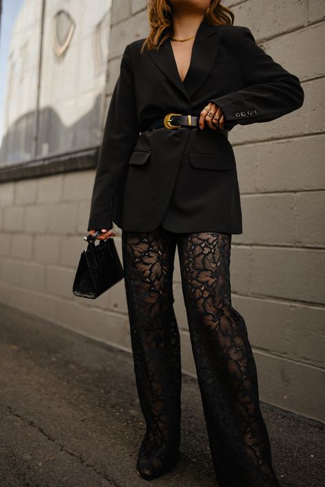 HOW TO STYLE LACE PANTS All Black Lace Outfit, Lace Pants With Blazer, Black Wide Leg Pants Outfit Dressy, Black Lace Pants Outfit, Wide Leg Pants Outfit Dressy, Night Out Outfit Winter, Navidad Outfit, Lace Pants Outfit, Jw Outfits