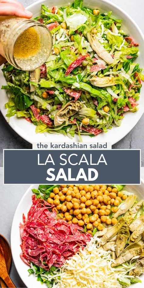 Click over and make the viral Kardashian salad called La Scala salad. This is an easy chopped salad recipe loaded with salami, marinated artichokes, and chickpeas and tossed with a delicious tangy dressing. Tangy Salad Recipes, Salad With Chickpeas And Salami, Best Chopped Salads Ever, Salad Recipes Kardashian, Chopped Salami Salad, Salads To Go With Spaghetti, Escala Salad Recipe, Chopped Salads With Protein, Dinner Salad Ideas Main Dishes