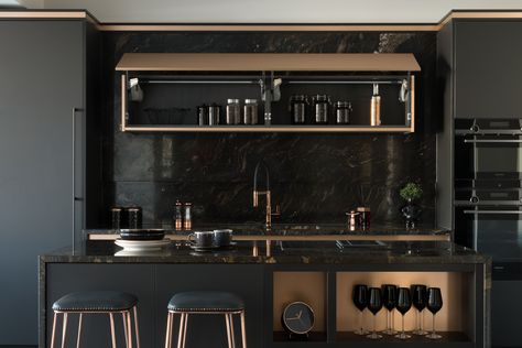 Stunning black kitchen units combined with the bronze finish. This works so well with the dark marble wortops and splashback too. Kitchen by The Wood Works. Black And Bronze Kitchen, Calacatta Marble Kitchen, 4 Bedroom House Plan, Rose Gold Kitchen, Dark Wood Kitchens, Blinds And Shades, Bronze Kitchen, 4 Bedroom House Plans, Bespoke Kitchen