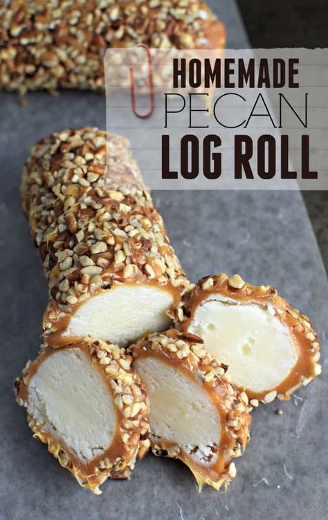 Pecan Log Roll Recipe, Pecan Logs, Pecan Log Roll, Pecan Log, Christmas Candy Homemade, Pecan Rolls, Creamy Caramel, Homemade Candy, Candy Recipes Homemade