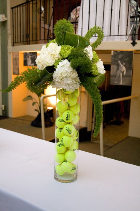 sports centerpiece. large vases each filled with different kinds of balls (golf, ping pong, tennis, golf tees, baseballs, mini footballs, basketballs. Golf Table Decorations, Tennis Bar, Tennis Decorations, Golf Centerpieces, Birthday Pinterest, Sports Centerpieces, Tennis Party Decorations, Banquet Centerpieces, Tennis Birthday