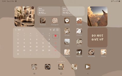 Desktop Homescreen Ideas, Android Tablet Homescreen Layout, Ipad Brown Aesthetic, Samsung Tablet Aesthetic Homescreen, Samsung Tablet Homescreen Layout, Samsung Tab Homescreen, Tablet Homescreen Layout, Tablet Layouts Samsung, Tablet Widget Ideas