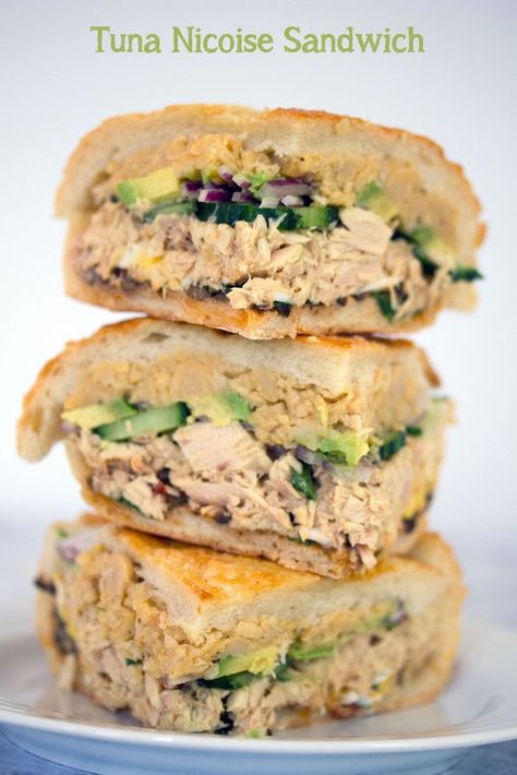 Tuna Nicoise Sandwich -- The layered sandwich includes tuna, eggs, avocado, chickpeas, and more! | wearenotmartha.com No Tuna Salad, Tuna Fish Recipes, Tuna Salad Sandwich, People Food, Baked Fish, Sandwich Recipe, Salad Sandwich, Tuna Salad, Easy Weeknight Dinners