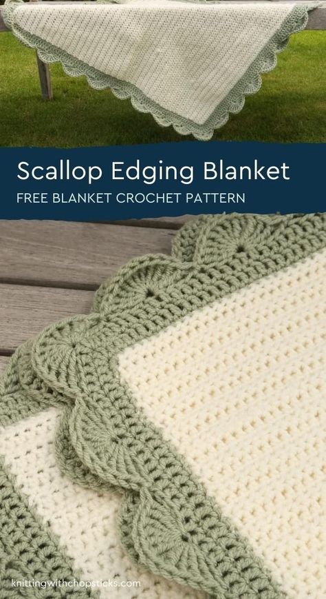 The Compostela Blanket features a modern and sophisticated crochet large scallop edging. This easy crochet baby blanket free pattern is not just a baby crochet blanket pattern. The pattern comes in 5 sizes: lovey, baby, receiving, throw, and king. The crochet scallop border is worked separetly and the easy crochet blanket border free pattern can be used on any blanket. Check out the free crochet blanket pattern here on Knitting with Chopsticks Pretty Crochet Borders For Blankets, Crochet Boarders For Blankets Baby Free Pattern, Scalloped Edges Crochet, Crochet Blanket Scallop Border, Edging On Crochet Blanket, Free Crochet Blanket Border Patterns, Scalloped Knitting Pattern, Scallop Edge Crochet Pattern, Two Color Crochet Baby Blanket Free Pattern