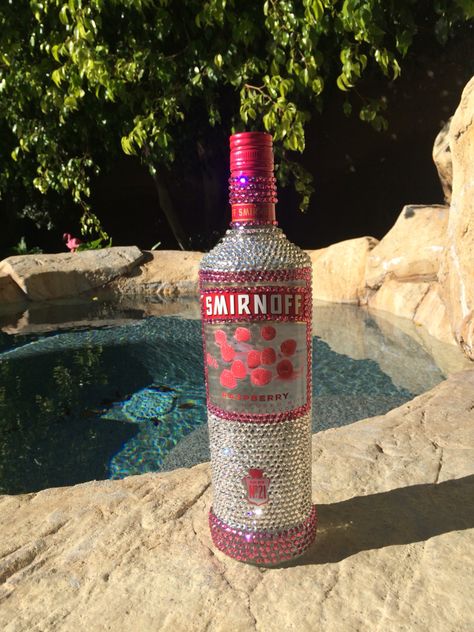 Smirnoff Bottle Crafts, Glittered Alcohol Bottle, Sparkly Liquor Bottles, Sparkly Alcohol Bottles, Badazled Alcohol Bottles, Alcohol Bottles Decoration Ideas, Decorating Alcohol Bottles, Rhinestone Bottle Alcohol, Rhinestone Alcohol Bottle