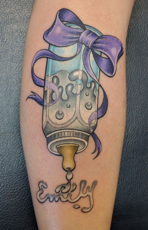 Tattoo of a baby bottle I got for my daughter Emily Milk Bottle Tattoo, Milk Tattoo, Spilt Milk, Bottle Tattoo, Spilled Milk, Medusa Tattoo, Baby E, Dont Cry, Drawing Inspo