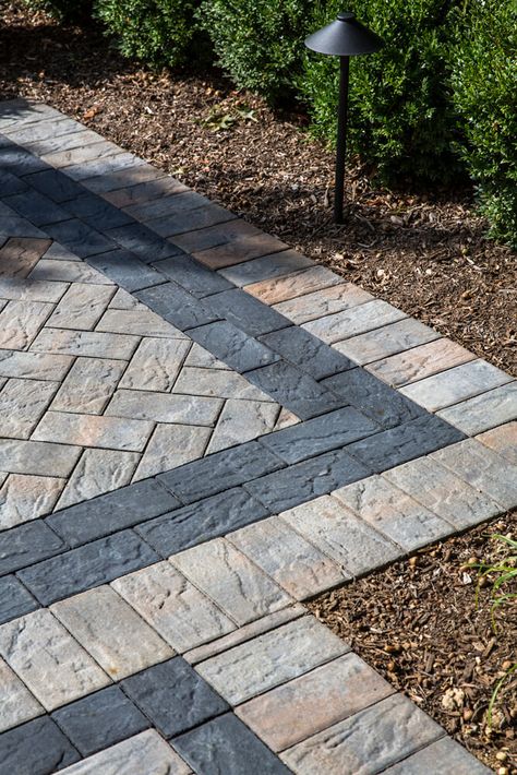 Accent Lighting - Barry Bros. Landscaping Front Walkway Landscaping, Aesthetic Patio, Cool Backyard, Cambridge Pavingstones, Garden Pavers, Paving Pattern, Paver Designs, Walkway Landscaping, Patio Pavers Design