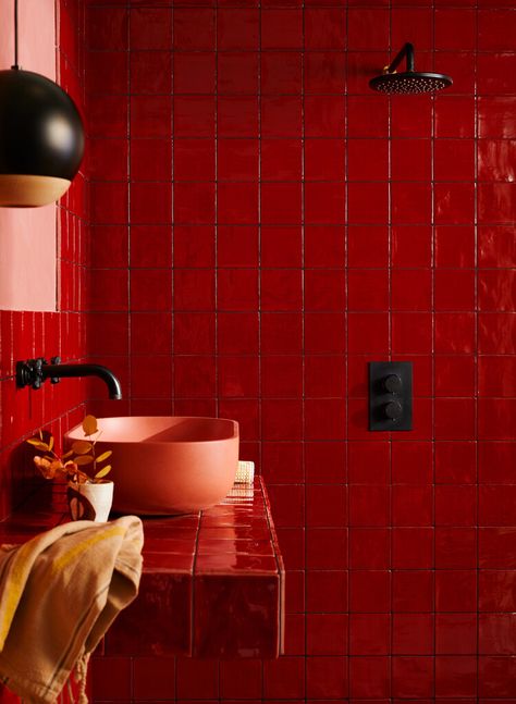 Make your home feel cosy with warm, rich reds, burnt oranges and spice-hued yellows Red Tiles Bathroom, Red Tile Bathroom, Kitchen Pics, Bathroom 2024, Room Wall Tiles, Reclaimed Tile, Red Bathroom, Dream Shower, Orange Bathrooms