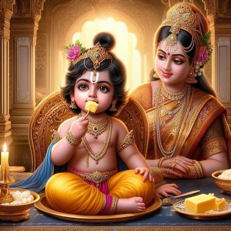 Little Krishna, bal gopal eating butter makhan. Mother Yashoda. Satyug swarg. Devi devta. Deity. Divine. Golden palace. Golden crown. Krishna Bal Gopal, Unique Radha Krishna Images, Paradise Heaven, Yashoda Krishna, Bal Gopal, Brahma Kumaris, Krishna Drawing, Shri Hanuman, Good Morning Flowers Pictures