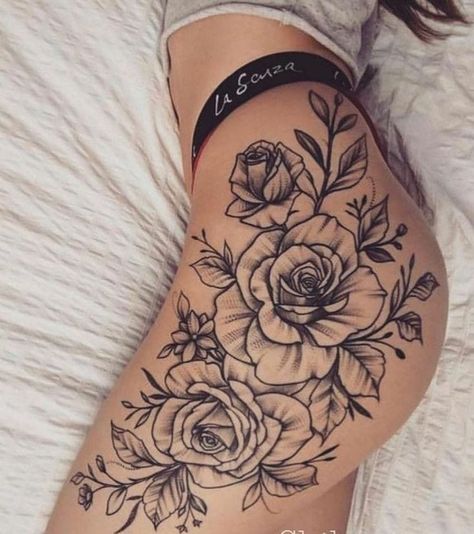 Roses Thigh Tattoo Women, Upper Thigh Rose Tattoo, Rose Tattoo Legs Woman, Thigh Rose Tattoos Women, Flower Hip Tattoos Women, Thigh Tattoos Women Roses, Thigh To Hip Tattoo, Thigh Hip Tattoos Women, Rose Thigh Tattoos Women