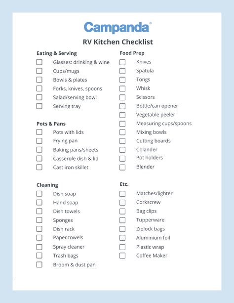 Rv Packing List, Rv Checklist, Kitchen Checklist, Grocery Checklist, Printable Packing List, Spiced Rice, Peanut Butter Marshmallow, Batter Mix, Beverage Fridge