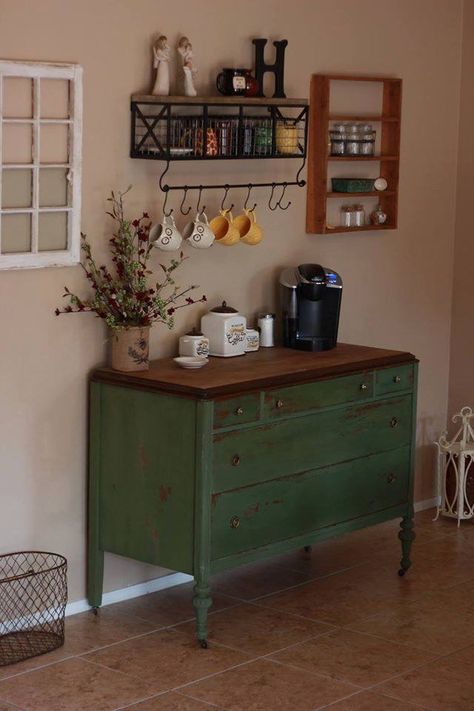 Buffet Coffee Bar Ideas, Painted Coffee Bar, Boho Coffee Bar Ideas, Boho Coffee Bar, Buffet Coffee Bar, Decor For Coffee Bar, White Coffee Bar, Miss Mustard Seed Milk Paint, Green Dresser