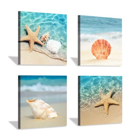 PRICES MAY VARY. Starfish & Conch Canvas Wall Art: Ocean seashell and star fish art print set is a great addition to any home, add coastal flair to your decor with this sharp seashell study of star fish Beach Scene Canvas Artwork: These artful beach wall decor art canvas look lovely side by side. You can hang starfish wall canvas picture up in different rooms to carry a cohesive aesthetic throughout your abode Ocean shells Wall Art Decor Set: Artful beach canvas print wall art set is stretched a Ocean Theme Decorations, Starfish Wall Art, Coastal Artwork, Beach Wall Decor, Home Decor Paintings, Coastal Wall Art, Painting Bathroom, Beach Wall Art, Bathroom Wall Art