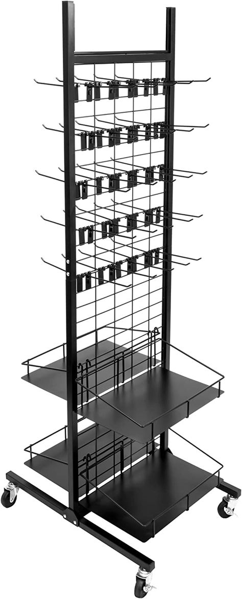 Amazon.com: Rolling Retail Display Merchandising Rack Store Fixture, 66" Tall x 28" Footprint, Includes 50 Peg Hooks and 4 Shelves by Brybelly : Industrial & Scientific Kids Clothing Store Design, Retail Display Shelves, Shelves Industrial, Clothing Store Displays, Vendor Displays, Peg Hooks, Retail Fixtures, Clothing Store Design, Retail Shelving