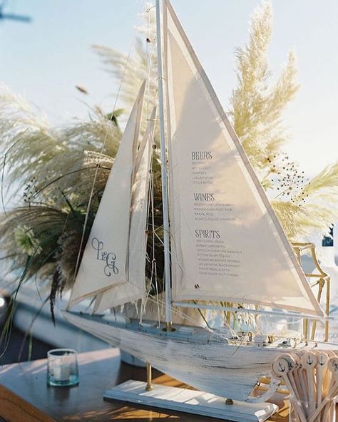 A custom wedding bar menu printed on linen sails. Planning/Design @jessetombs @alison_events @ruthcongleton ⁣⠀ Floral/Design/Styling @kathleendeerydesign @urbanparlour  Photo @tecpetaja ⁣⠀ Yonder Design (@yonderdesign) • Instagram photos and videos Sailboat Wedding, Santa Lucia Preserve, Nantucket Wedding, Beachy Wedding, Boat Wedding, Sea Wedding, Welcome Party, Cocktails Sign, East Coast Wedding