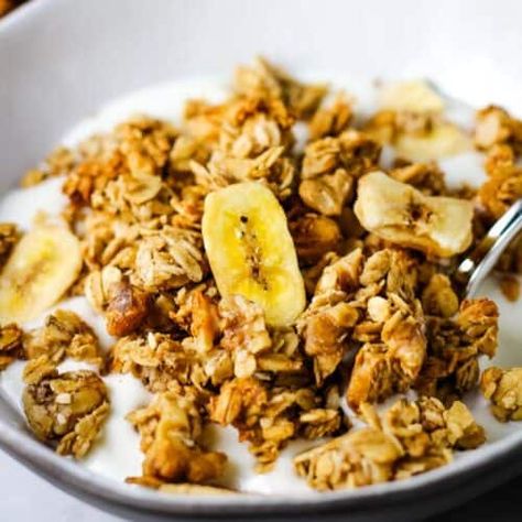 Peanut Butter Banana Granola, Granola Calories, Feta Dressing, Banana Granola, Cinnamon Roll Muffins, Greek Chicken Salad, Creamy Feta, Asian Chicken Salads, Vegan Granola