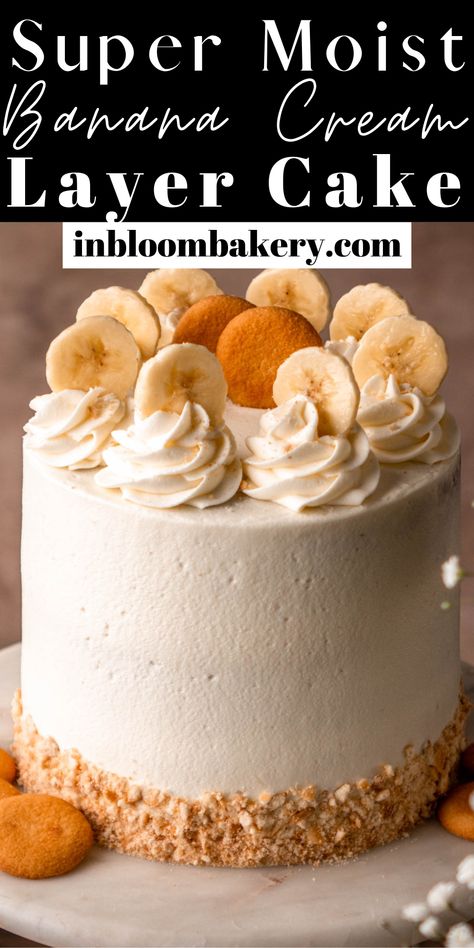 This is the best banana cream cake! Moist layers of banana cake are filled with banana pastry cream, frosted with cream cheese frosting and garnished with Nilla Wafers. This is the perfect cake for the banana lover in your life- it's the best banana cake! Banana Cake With Burnt Butter Frosting, Banana Cream Cake Easy, Banana Cake With Whipped Cream Frosting, Banana Pudding Filling For Cake, Banana Creme Cake, Banana Pudding Layer Cake, Chocolate Banana Pudding Cake, Layered Banana Cake, Banana Cream Filling For Cake