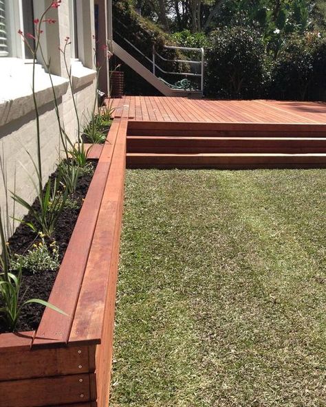 🌳 SYDNEY LANDSCAPER 🌳GREEN FIG on Instagram: "New lawn, timber deck and planter boxes we created for one of our local Northern Beaches clients. Keeping it simple. . #northernbeacheslocal #northernbeacheslocalbusiness #locallandscaper #landscapermanly #landscapernorthernbeaches #northernbeachesbusiness #manly #manlylocal #garden #timber #woodwork #carpenter #carpentry #gardening #gardener #landscapearchitect #landscapedesign #wood #landscaping #landscaper #landscapers #kangaroopaw #merbau #gras Deck Edge Planters, Landscape Timber Raised Garden Beds, Timber Tech Coconut Husk Deck, Merbau Decking, Timbertech English Walnut Deck, Green Fig, Front Deck, Kangaroo Paw, Timber Deck