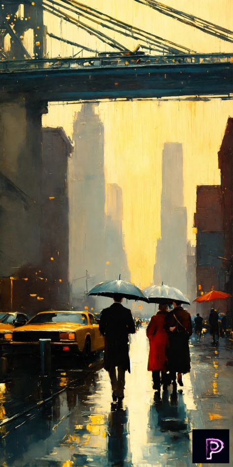 Visualize a New York bridge scene in the rain with people captured in rich oil paint and impasto brushstrokes on canvas. 🎨🌧️   What can you create today?  #PicassoAIArt #AI #Art #OilPainting #Impasto #NewYork Umbrella Architecture, City Art Painting, New York Bridge, Green Interior Design, Architecture City, Atmospheric Phenomenon, Walking In The Rain, Cool Christmas Trees, Motor Vehicle