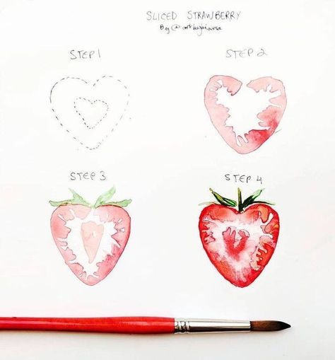 How to paint a watercolor strawberry cross section. Watercolour Strawberry, Strawberry Drawing, Strawberry Watercolor, Step By Step Watercolor, Flower Drawing Tutorials, Watercolor Fruit, 수채화 그림, Tableau Art, Easy Watercolor