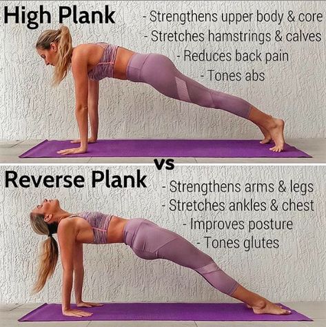 High Plank vs Reverse Plank!! Which do you prefer?! 🙏🏼💛💞 👉🏼 High Plank: 💛 Focuses on strengthening the arms, shoulders, chest upper back and core! Make sure to puff up your upper back and avoid dumping into your lower back. 💛 Stretches out the backside of the legs and is a yummy stretch for your calves if you actively press through your heels! 💛 Helps to reduce back pain.  💛 Is a super effective pose to tone your abs!! Melissa Metrano, Pilates Results, Reverse Plank, Toned Glutes, Workout Fat Burning, High Plank, Skin Care Routine For 20s, Pilates Training, Yoga Body