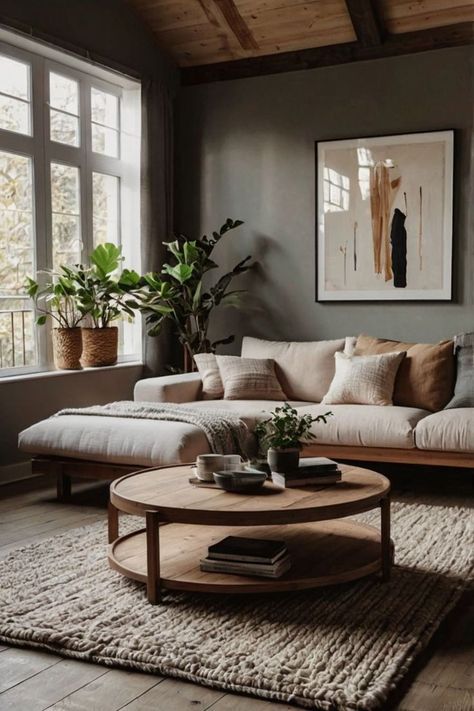 Modern cozy living room with sleek design and warm elements Living Room Inspo Organic Modern, Cozy Living Room Plants, Living Room New Build, Dark Earth Tone Living Room, Comfy Living Room Ideas Warm Colors, Cozy Moody Living Room, Cosy Studio Apartment, Living Room Earthy, Warm Cozy Living Room