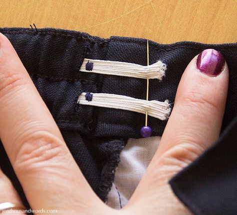 Thread 2 small pieces of elastic through waistband to tighten elastic waist. How To Make Jeans, Pants Tutorial, Sewing Pants, Sewing Alterations, Sewing Elastic, Toddler Pants, Trendy Sewing, Clothing Diy, Altering Clothes