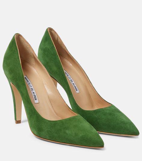 Manolo Blahnik Maysale Outfit, Green Manolo Blahnik, Manolo Blahnik Maysale, Pumps Heels Stilettos, Manolo Blahnik Shoes, Goat Leather, Heels Pumps, Wide Brimmed Hats, Suede Pumps