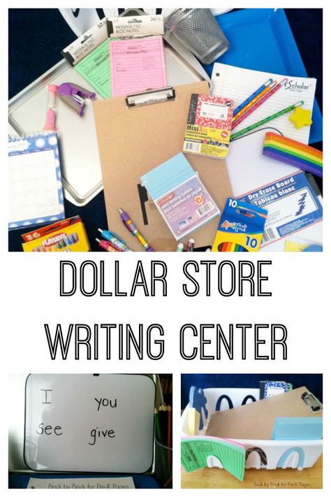 Dollar Store Writing Center Ideas for Preschool. How to create a writing center with dollar store items at home or in the classroom. Center Ideas For Preschool, Preschool Writing Center, Writing Center Ideas, Writing Center Preschool, Pre-k Writing, Organization Ideas For The Home, Pre K Pages, Writing Station, Preschool Centers