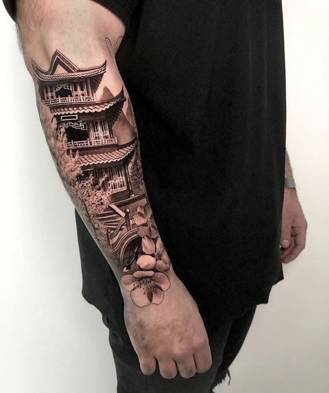 Japanese General, Dragon Tattoo Forearm, Atlas Tattoo, Temple Tattoo, Tattoo Japanese Style, Castle Tattoo, Japanese Mask, Japanese Temple, Dad Tattoos