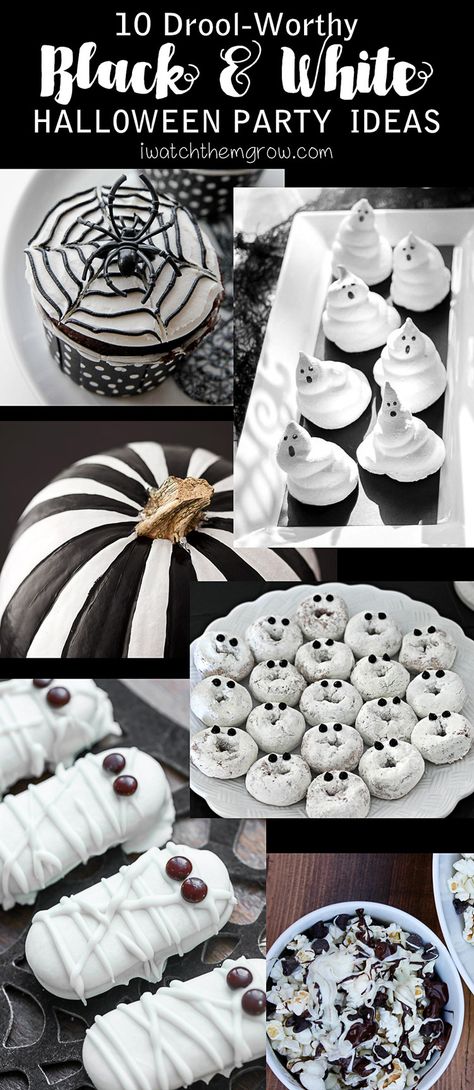 Black And White Halloween Party Decor, White Halloween Food, Teen Halloween Birthday Party, Ghost Themed Halloween Party, Ghost Party Decorations, Black And White Treats, Ghost Baby Shower Ideas, Black And White Halloween Party, Fancy Halloween Party