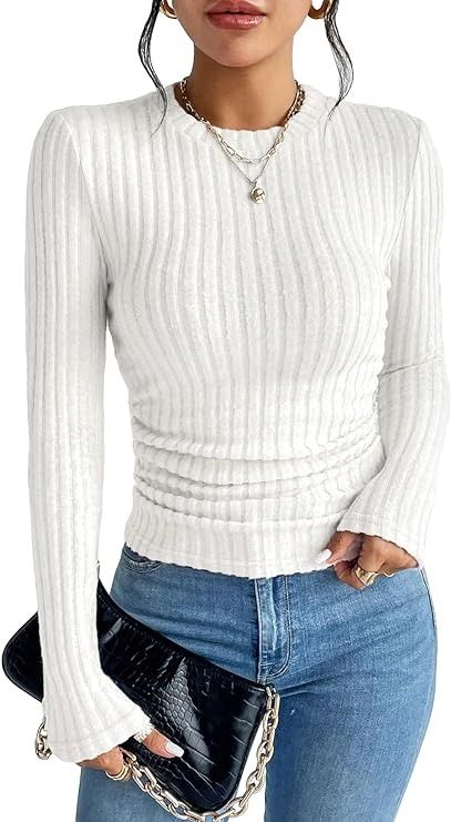 SweatyRocks Women's Long Sleeve Mock Neck Top Ribbed Knit Slim Fit Pullover Sweater Plain White Small at Amazon Women’s Clothing store Pastel Red, Mock Neck Top, Plain White, Amazon Women, Pullover Sweater, Red Yellow, Mock Neck, Pullover Sweaters, Clothing Store