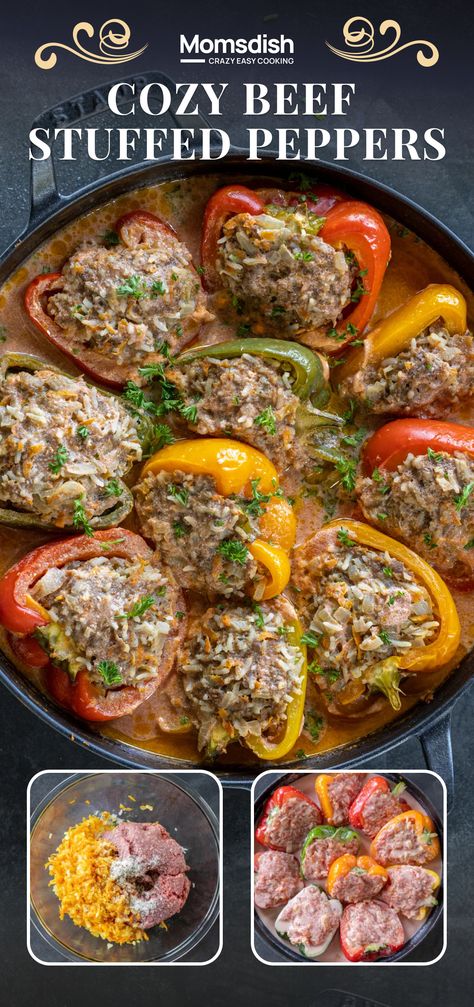 These bell peppers are filled to the brim with ground beef, rice, and veggies, then baked to perfection in a creamy, tomato-ey sauce. You're sure to be stuffed after this mouthwatering meal! Stuffed Peppers With Rice And Beef, Ground Beef Stuffed Peppers, Beef Stuffed Peppers, Stuffed Bell Peppers Ground Beef, Stuffed Peppers Beef, Stuffed Peppers With Rice, Rice And Veggies, Ground Beef Rice, Stuffed Peppers Healthy