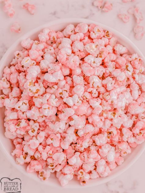 Pink Popcorn Recipe, Pink Party Foods, Popcorn Butter, Sugar Popcorn, Popcorn Recipes Easy, Marshmallow Popcorn, Colored Popcorn, Popcorn Treat, Pink Popcorn