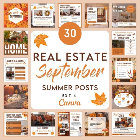 Elevate your fall real estate marketing with our stunning collection of 30 pre-made Instagram templates. These autumn-inspired designs, crafted specifically for Canva, will engage potential buyers and make your social media stand out.  Completely editable, these digital files allow for full customization to match your brand. While basic Canva knowledge is required, our team is always happy to assist with any questions you may have.  
.#CanvaTemplates #SocialMediaDesign #InstagramIdeas #PinterestTemplates #CreativeCanva Realtor Fall Posts, September Real Estate Posts, Fall Open House Ideas Real Estate, September Real Estate Marketing Ideas, Fall Real Estate Posts, Fall Real Estate Marketing Ideas, Real Estate Marketing Social Media Posts, September Real Estate, Fall Real Estate