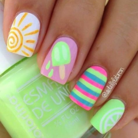 Summer Nails, Nail Polish, Nails, Yellow, Green, Pink, Design, Art