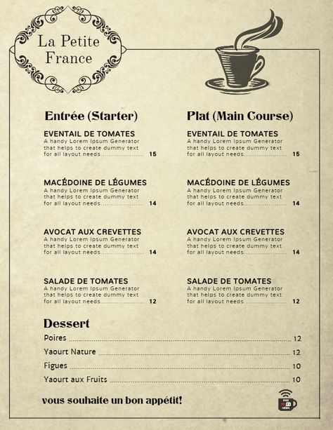 Vintage French cafe menu template Vintage Cafe Menu Design, French Restaurant Menu Fine Dining, French Menu Card, French Cafe Menu Design, French Menu Design, Vintage Menu Design, French Restaurant Menu, French Cafe Menu, Cafe Menu Template