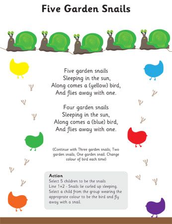 Five Garden Snails Poem    Changed the lyrics to say   Five garden snail   sleeping in the sun   along comes a big bird  and scares away one. Garden Snails, Garden Snail, Bugs Preschool, Circle Time Songs, Flannel Board Stories, Classroom Songs, Nursery Songs, Felt Board Stories, Snails In Garden