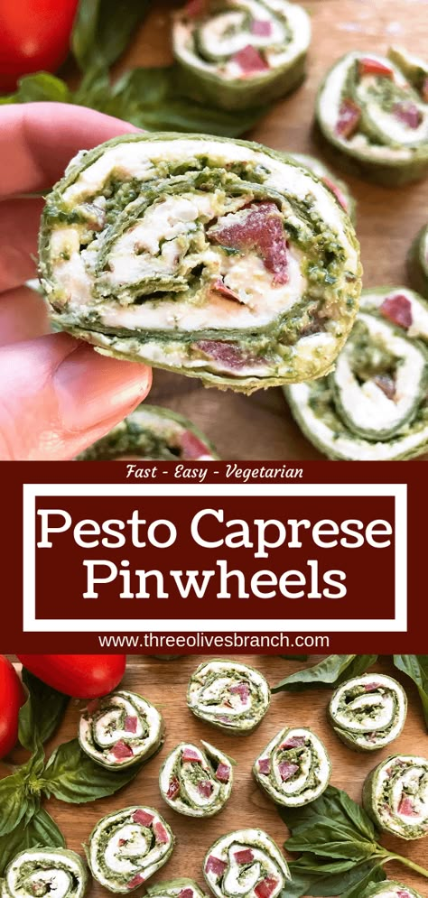 Fast and simple party appetizer recipe. Vegetarian Caprese Pesto Pinwheels Roll Ups are made of cream cheese, mozzarella, Parmesan, basil pesto, and tomatoes rolled in a flour tortilla. Easy finger food for entertaining or game day. #basilpesto #caprese #pinwheels #appetizers Caprese Pinwheels, Food For Entertaining, Pesto Pinwheels, Pinwheels Appetizers, Pesto Appetizers, Appetizer Recipes Vegetarian, Vegetarian Pesto, Easy Finger Food, Basil Pesto Recipes