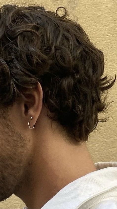 Ear Piercings Boy, Men's Piercings Ears, Ryke Meadows, Guys Ear Piercings, Men's Piercings, Men Haircut Curly Hair, Cool Ear Piercings, Wavy Hair Men, Men Haircut Styles