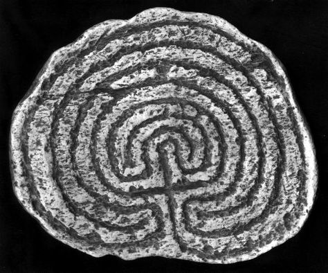 Rocky Valley Labyrinth.  This ancient design, known for thousands of years as a mystical symbol of the "maze of life" in many world cultures, was carved at an ancient Celtic site near Tintagel Castle in Cornwall, connected to Arthurian legend. The labyrinth itself, once dated to the Bronze Age, is now believed to have been carved somewhere from the 5th through the 17th century. Medieval Artifacts, Tintagel Castle, Celtic Owl, Labyrinth Maze, Celtic Gods, Artemis Fowl, Arthurian Legend, Celtic Culture, Ancient Designs