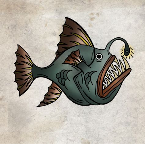 Drawn by me! #americantraditionaltattoo #traditionaltattoo #tattoo #tattooapprentice #flashtattoo #art #artist #linework #digitaldrawing #digitalpainting #paint #tattooinspo #tattooinspiration Angler Fish Tattoo, Fish Tattoo, Tattoo Apprentice, Angler Fish, American Traditional Tattoo, American Traditional, Tattoo Idea, Flash Tattoo, Traditional Tattoo