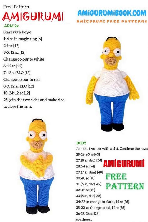 Homer Simpson Amigurumi Free Pattern – Amigurumibook.com Homer Simpson Crochet Pattern Free, Crochet Marvel, All Cartoon Characters, Crochet Characters, All Cartoon, Free Amigurumi Crochet Patterns, Simpsons Characters, Knit Art, Crocheting Patterns