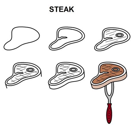 Step-by-step tutorial to draw a steak Steak Drawing Easy, Step By Step Food Drawings, How To Draw Meat, Meat Drawing Easy, Steak Drawing, Meat Drawing, Ancient Rome Projects, Baby Tree, Drawing Steps