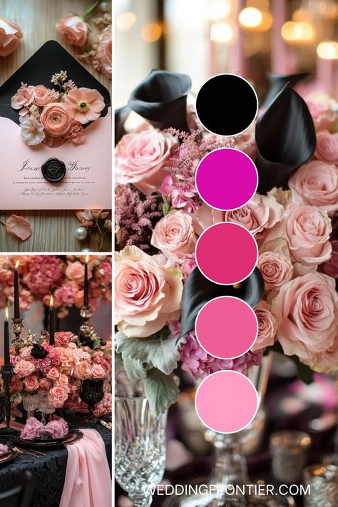 Black and pink wedding theme ideas for a bold, stylish color scheme. Pink Wedding Theme Ideas, Black And Pink Wedding, Wedding Theme Ideas, Black Fondant, Pink Napkins, Pink Wedding Theme, Pink Wedding Cake, Pink Cushions, Wedding Palette