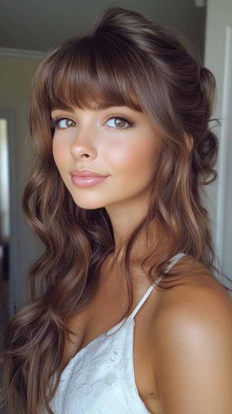 wedding hairstyles half up half down bangs Curls Wedding Hairstyles, Half Up Half Down Bangs, Medium Length With Bangs, Half Up Curls, Beautiful Bridal Hair, Polished Hair, Elegant Wedding Hair, Wedding Hairstyles Half Up Half Down, Professional Tips